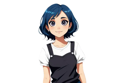 Simple cartoon style, cute facial expression, big eyes, colorful hair, small nose, smiling face, white teeth, casual clothes, relaxed posture, vibrant colors, soft shading, 2D illustration, flat compo