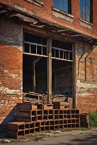 Detroit architectural salvage, abandoned factory, industrial decay, broken windows, rusty metal beams, old wooden crates, vintage machinery parts, distressed brick walls, peeling paint, urban explorat