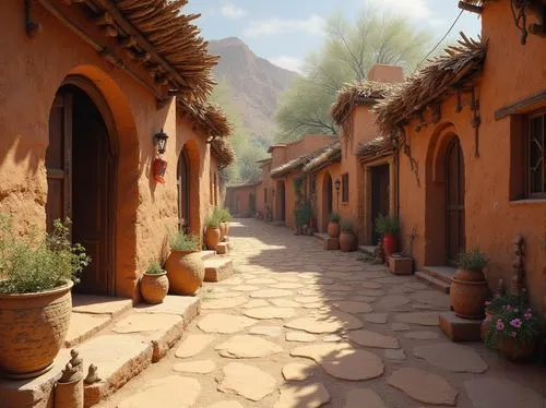 Rustic village scene, earthy tones, natural stone walls, wooden accents, thatched roofs, curved archways, ornate carvings, regional textiles, vibrant colors, local patterns, mud-brick buildings, adobe