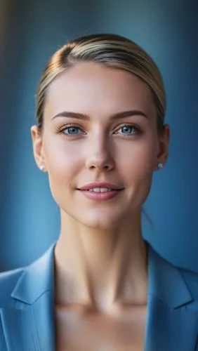 woman face model,  brunette, suit, sides, angular cheekbones,  Strong and angular mandibule, big smile, Modern sport,a close up of a woman in a suit,blur office background,bussiness woman,sales person