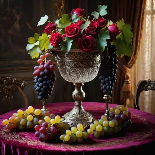 table grapes,currant decorative,goblet,floral arrangement,still life photography,burgundy wine,red grapes,isabella grapes,fresh grapes,table decoration,chalice,kir royale,wine grapes,flower arrangement,wine cultures,chateau margaux,grape harvest,still life of spring,grapes,wineglass,Photography,General,Fantasy