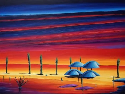 mushroom landscape,summer beach umbrellas,dubbeldam,oil painting on canvas,beach landscape,night scene,glass painting,mostovoy,oil on canvas,sea landscape,oil painting,beach umbrella,umbrellas,sailboats,sailing boats,seascape,flamingos,art painting,desert landscape,the windmills,Illustration,Realistic Fantasy,Realistic Fantasy 25