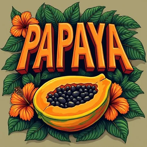 A captivating illustration featuring the word "PAPAYA" in bold, retro-inspired, block letters with a warm, vibrant orange color. The sans-serif font has a distinct three-dimensional, outlined style, c