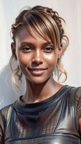 woman face model,  brunette, suit, sides, angular cheekbones,  Strong and angular mandibule, big smile, Modern sport,an african american woman is wearing a top knot and id,freema,tionne,mccoughtry,let