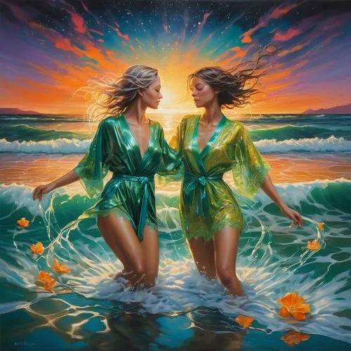 wlw,sirens,oil painting on canvas,reinas,rhinemaidens,sea beach-marigold,Illustration,Realistic Fantasy,Realistic Fantasy 24