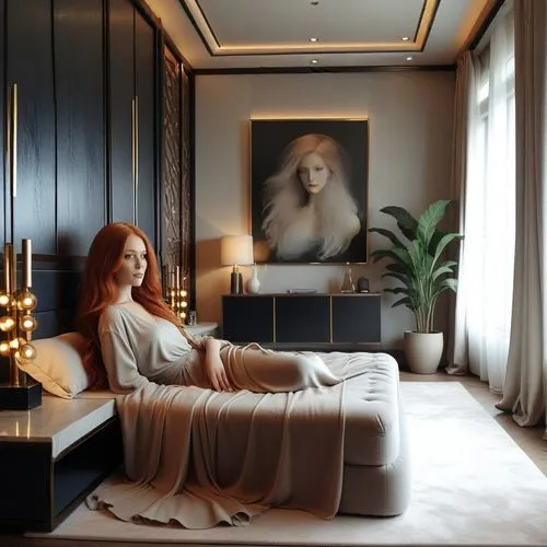 beautiful model with long red hair,a woman is relaxing on a couch near a portrait,ceremonials,woman on bed,bedchamber,bedroom,dalida,beauty room