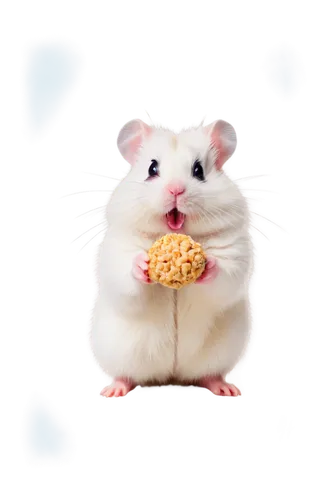 Fluffy hamster, white fur, pink nose, cute whiskers, tiny paws, standing on hind legs, holding food, colorful background, soft focus, warm lighting, shallow depth of field, 3/4 composition, adorable e