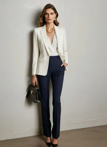 Fashion show ,the model poses for a fashion magazine po shoot wearing a white blazer and trousers,pantsuit,woman in menswear,pantsuits,menswear for women,maxmara,navy suit,Photography,General,Natural