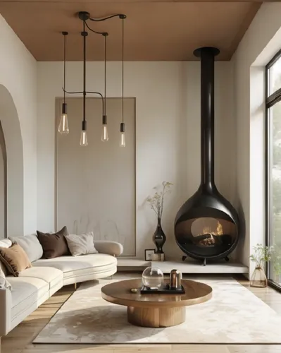 camera moves slowly,modern living room with large round fireplace and large window,scandinavian style,minotti,fire place,foscarini,fireplace,modern decor