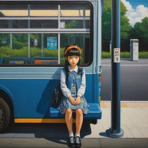 bus stop,bus,studio ghibli,busstop,hoshihananomia,firstbus,Illustration,Realistic Fantasy,Realistic Fantasy 08