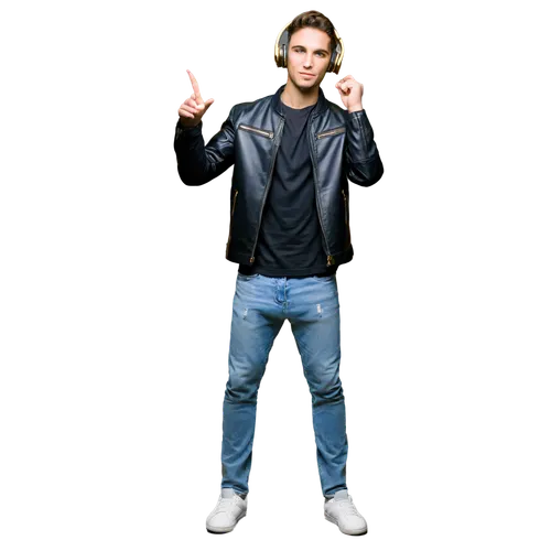 DJ, young man, headphones, gold chain, black leather jacket, white T-shirt, jeans, sneakers, microphone, turntable, vinyl records, speakers, studio setting, dark background, spotlight on DJ, 3/4 compo