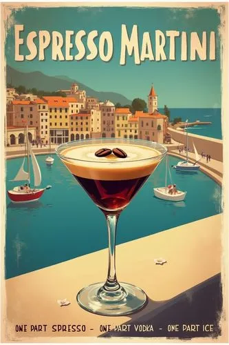 Create a vintage advertisement poster for the Espresso Martini. The poster should feature a bold, title "Espresso Martini" at the top. Below the title, depict a vibrant scene with a cocktail glass of 