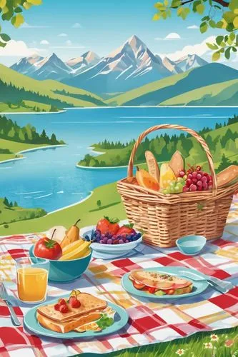 picnic basket,picnic,landscape background,placemat,fruit plate,picnic table,Illustration,Japanese style,Japanese Style 19