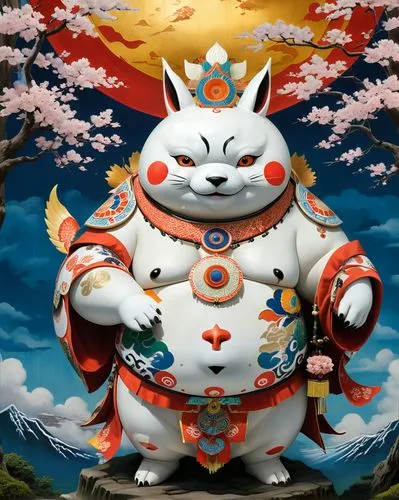 A surreal and whimsical scene capturing the essence of the Japanese culture. This is an chubby plus-sized amaterasu (deity) of the japanese people of Hokushu, the chinese people of the southwest pacif