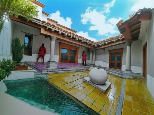 DISEÑO DE UNA CASA ESTILO MEXICANO MODERNO, CON UN CLAUSTRO CONFORMADO POR UNA TERRAZA  A BASE DE VIGAS DE MADERA, TEJA, COLUMNAS REDONDAS, EN EL CENTRO UN ESPEJO DE AGUA, CON EL ESTILO DE LA ARQUITEC