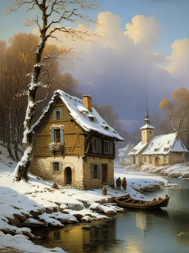 winter landscape,winter house,snow landscape,christmas landscape,winter village,snow scene,snowy landscape,home landscape,fisherman's house,water mill,winter morning,cottage,rural landscape,andreas achenbach,dutch mill,early winter,country cottage,in the winter,alpine village,house in mountains,Art,Classical Oil Painting,Classical Oil Painting 36