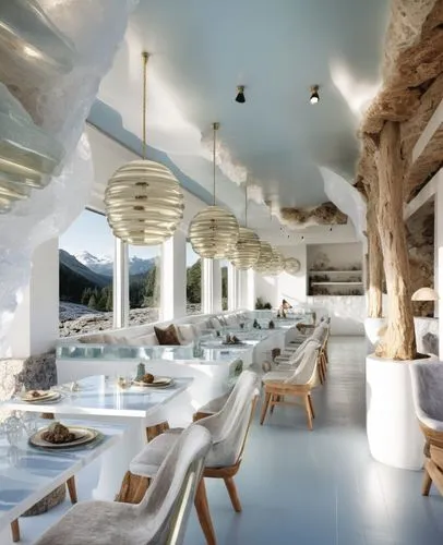 Modern Cafe Design Layout: The seating arrangement and dimensions in the main visual will be applied exactly as they are. The concept in the reference visual, transparent glacier mountain themed table