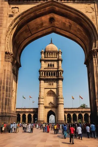 Gateway of India, Mumbai, iconic monument, intricate stone carvings, Indo-Saracenic style, majestic arches, ornate decorations, yellow-brown sandstone, vibrant Indian flags, sunny day, clear blue sky,