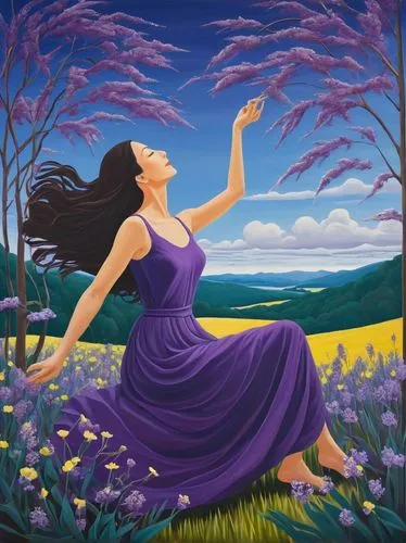 la violetta,purple landscape,the lavender flower,woman playing,lavender fields,girl in flowers,Conceptual Art,Oil color,Oil Color 13