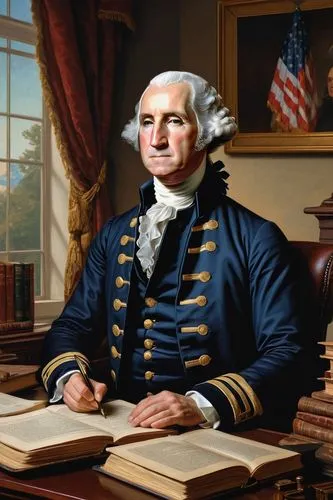 George Washington, 1st US President, mature man, powdered wig, white hair, blue eyes, gentle facial expression, dignified posture, classic three-piece suit, white shirt, black waistcoat, gold buttons,