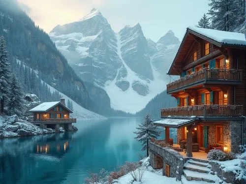 house in mountains,house in the mountains,the cabin in the mountains,winter house,emerald lake,swiss alps,snowy landscape,mountain huts,winter lake,house with lake,snowy mountains,winter landscape,snow landscape,suiza,mountain hut,chalet,winter wonderland,beautiful landscape,christmas landscape,alpine lake,Photography,General,Realistic