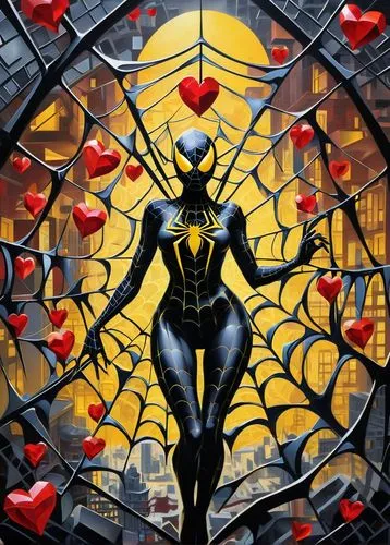 ((spider lucifer woman in a dark spider web, in a building spiral crystal fibonaci black and yellow, lots of red hearts))). This transformation is captured in high-definition. Surrounding iridescent b