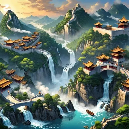 fantasy landscape,wudang,shaoming,tianxia,cartoon video game background,shaoshan,Unique,Design,Character Design