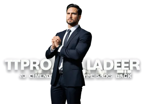 Strong male leader, muscular build, confident posture, stern facial expression, short black hair, trimmed beard, formal dark suit, white shirt, silver tie clip, standing with hands behind back, panora