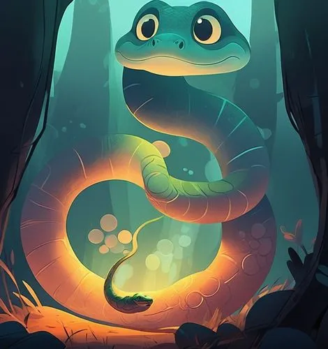 一隻小蛇,a snake with its tongue hanging out in a forest,oio,cuthulu,komodo,game illustration,taniwha,frog background,Illustration,Japanese style,Japanese Style 07