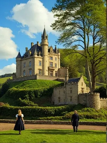 The painting depicts a young princess standing majestically in front of her father's magnificent castle. The castle rises up in the background.
The princess herself is dressed in a simple black gown a