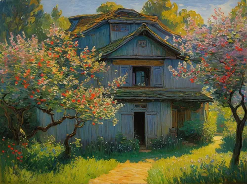 summer cottage,country cottage,small house,little house,home landscape,house in the forest,cottage,farmhouse,farm house,woman house,old house,farm hut,lonely house,rural landscape,cottage garden,house painting,garden shed,orchard,blossoming apple tree,peach tree,Art,Artistic Painting,Artistic Painting 04