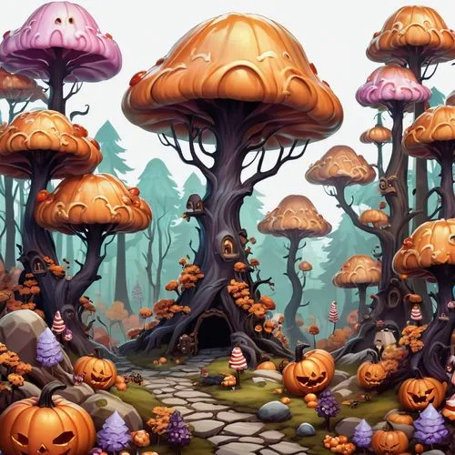 mushroom landscape,mushroom island,halloween background,zoombinis,halloween wallpaper,mushrooms,Illustration,Abstract Fantasy,Abstract Fantasy 11