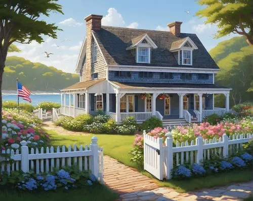 summer cottage,cottage,seaside country,new england style house,house by the water,nantucket,country cottage,home landscape,beautiful home,little house,country house,cape cod,dreamhouse,idyllic,house painting,white picket fence,victorian house,fisherman's house,martha's vineyard,marthas vineyard,Conceptual Art,Fantasy,Fantasy 04