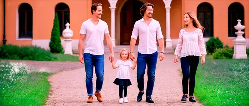 Family, mother, father, two kids, walking, casual clothes, sunny day, bright smile, gentle facial expression, soft hair, minimal makeup, comfortable shoes, relaxed posture, 3/4 composition, warm light