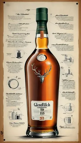 an industrial design sketch of a beautiful Glenfiddich 1937 ancient bottle, movie poster advertising (construction plan) modern style with some advertising notices,  frozen effect, movie poster  award