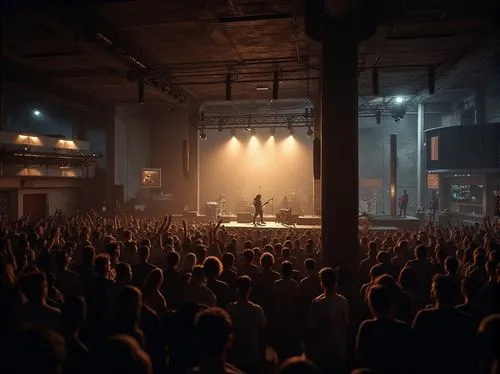 Brutalist music venue, industrial architecture, concrete walls, steel beams, minimal decorations, dimmed lighting, spotlights on stage, acoustic panels, wooden floors, soundproofing materials, mixing 