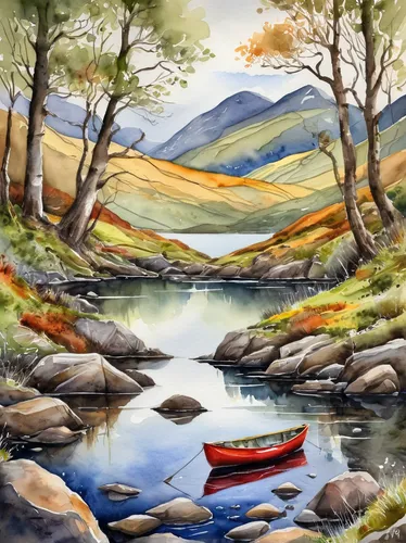 brook landscape,river landscape,boat landscape,david bates,landscape background,autumn landscape,river cooter,mountain river,mountain scene,canoes,salt meadow landscape,carol colman,loch drunkie,khokhloma painting,mountain landscape,stabyhoun,gap of dunloe,rural landscape,home landscape,loch venachar,Illustration,Paper based,Paper Based 24