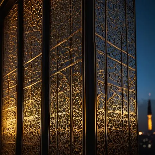 ornate architectural screen, intricate metalwork, golden accents, ornamental patterns, modern minimalism, sleek lines, LED backlight, transparent glass, subtle texture, urban skyscraper background, du