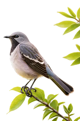 Mockingbird, solo, perched, green branch, vibrant plumage, black head, white patches on wings, bright eyes, open beak, morning dew, soft sunlight filtering through leaves, 3/4 composition, shallow dep