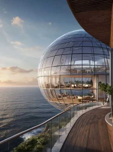 penthouses,glass sphere,glass ball,futuristic architecture,ocean view,snohetta,Photography,General,Natural