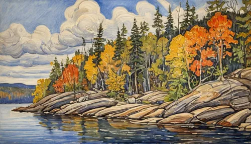 coastal landscape,fall landscape,autumn landscape,beach landscape,river landscape,split rock,painting technique,autumn mountains,mountain scene,david bates,maligne river,stratocumulus,forest landscape,medicine lake,alberta,salt meadow landscape,two jack lake,banff,fall foliage,bow falls,Illustration,Paper based,Paper Based 24