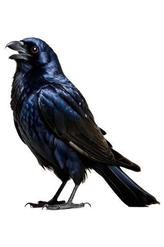 Raven, front view, black feathers, glossy plumage, sharp beak, piercing eyes, strong legs, claws grasping, mysterious atmosphere, low-key lighting, 3/4 composition, shallow depth of field, dark color 