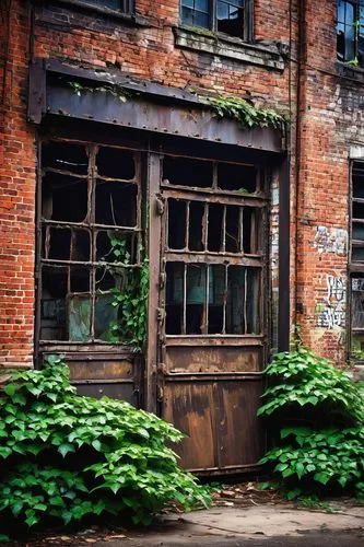 Rustic architectural salvage, Pittsburgh, old industrial city, brick wall background, reclaimed wooden beams, metal pipes, vintage machinery parts, distressed finishes, urban decay, abandoned factory 