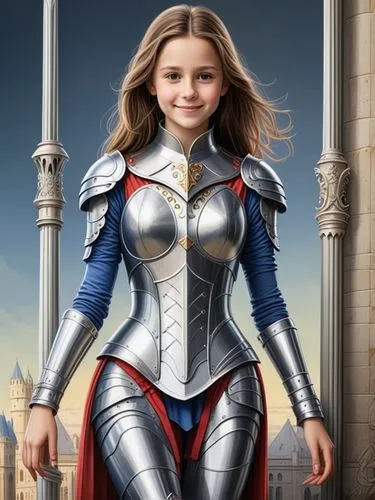 A pretty Central European girl with long brown hair in a highly polished knight's armor stands in the middle of the picture. Her smile has that certain something and she is constantly on the move. ,si