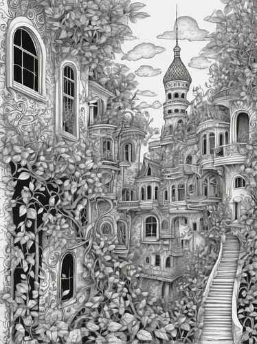 fairy tale castle,escher village,hand-drawn illustration,constantinople,persian architecture,hagia sofia,castle of the corvin,escher,fantasy city,ancient city,secret garden of venus,byzantine architecture,clove garden,peter-pavel's fortress,mushroom landscape,rosarium,witch's house,stone palace,ghost castle,fairy village,Illustration,Black and White,Black and White 11