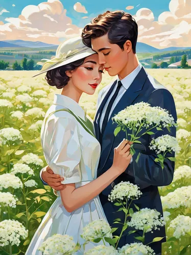 Write a heartwarming tale of friendship blossoming amidst elderflower fields.,young couple,sound of music,vintage boy and girl,lilly of the valley,vintage man and woman,lily of the field,blooming fiel