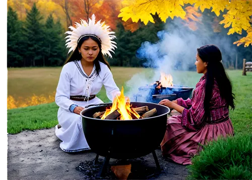 Cherokee Indian village, traditional Native American settlement, wooden log cabins, thatched roofs, smoke rising from chimneys, autumn leaves surrounding, warm sunset lighting, villagers gathered arou