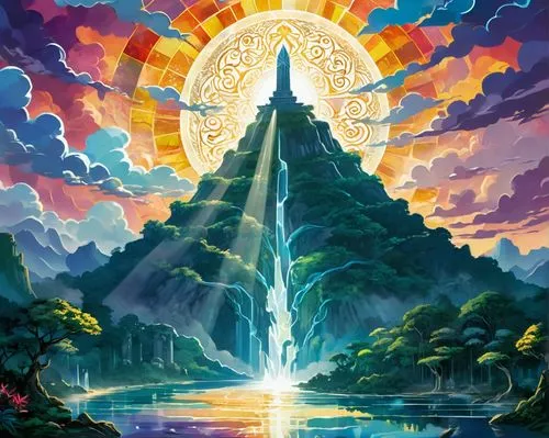 the pillar of light,hyrule,eckankar,travel poster,alfheim,silmarillion,loa,rivendell,shambhala,gondolin,ascension,palyul,tikal,angeles,sacred art,yoshikuni,beautiful wallpaper,srivatsa,sun god,the spirit of the mountains,Unique,Paper Cuts,Paper Cuts 08