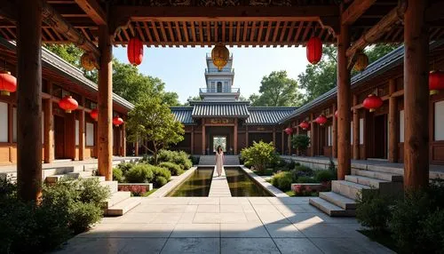 Traditional cultural temple, intricately carved wooden doors, vibrant red lanterns, ornate golden decorations, serene courtyard, peaceful water features, natural stone pathways, lush greenery, majesti