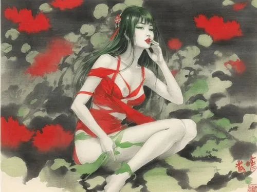 An amazing nude japanese young woman  with red lips and green eyes,a painting shows a woman in red and white sitting in flowers,background ivy,tura satana,momiji,christmas pin up girl,mcginnis,vampire